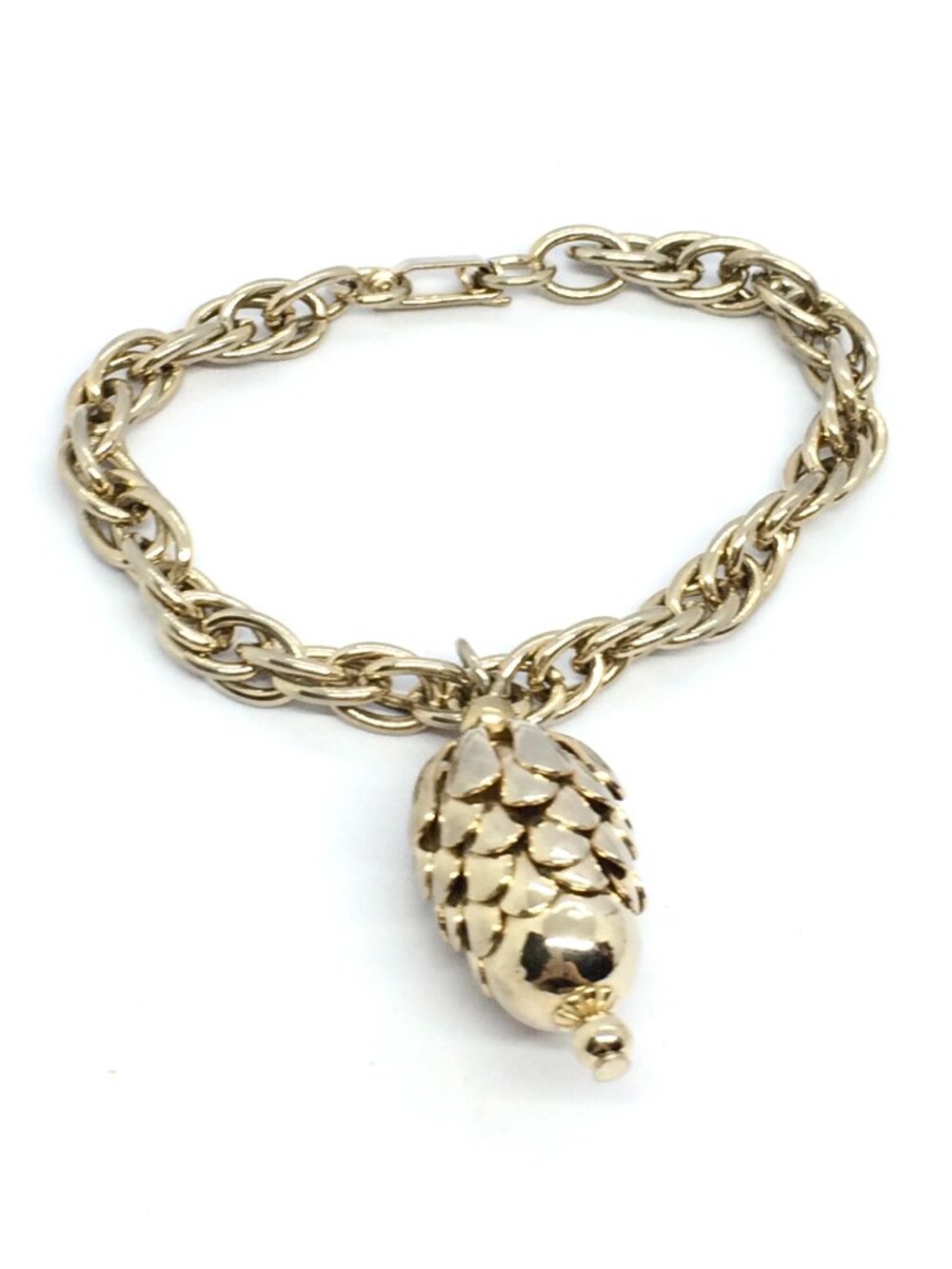 VINTAGE ACORN BRACELET Gold Tone Rope Chain Charm Mid Century Modern